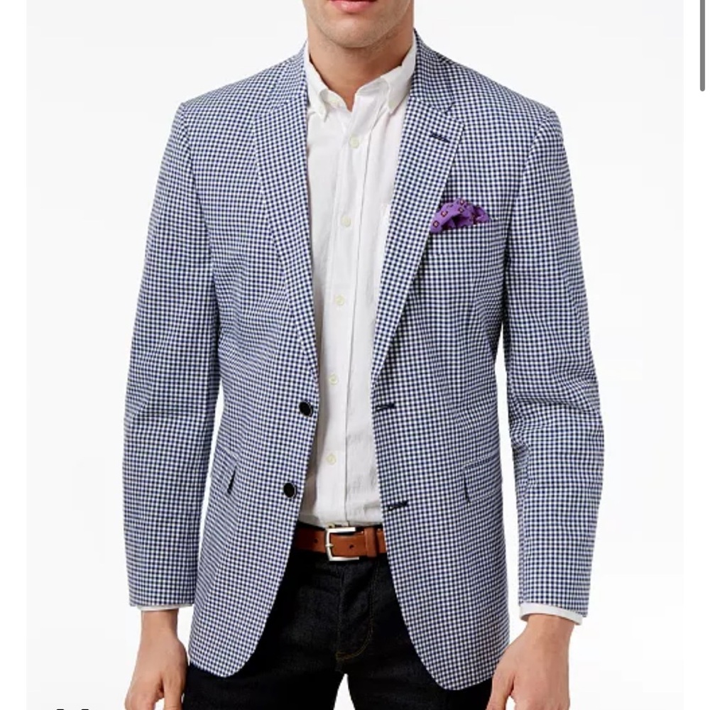 Tommy Hilfiger Blue & White Gingham Shirt Jacket with Purple Pocket Square